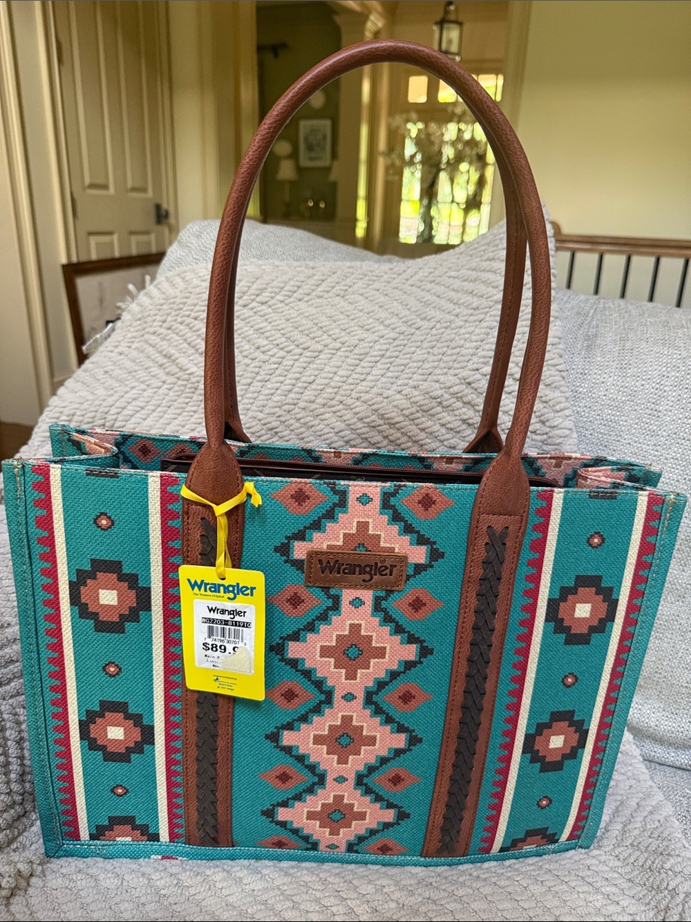 Wrangler Teal Southwestern Tote with Brown Handles